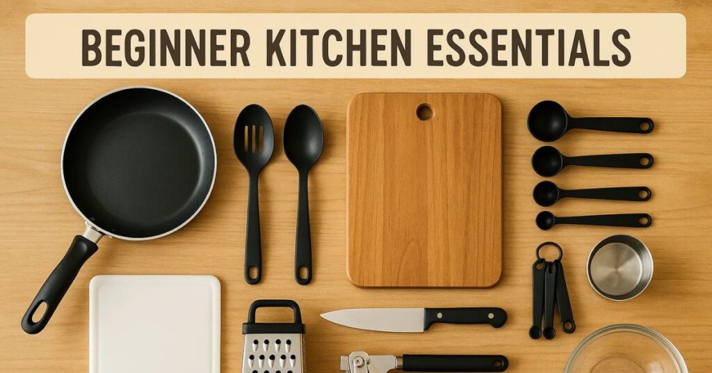 Basic kitchen tools including spatula, cutting board, and saucepan for beginner cooks