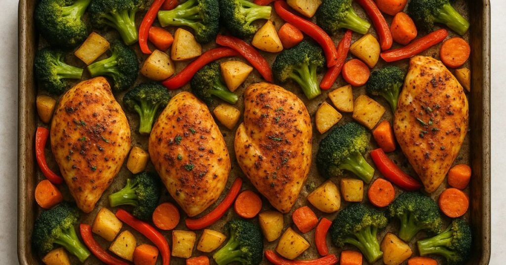 Oven-baked chicken cubes and mixed vegetables on a foil-lined sheet pan