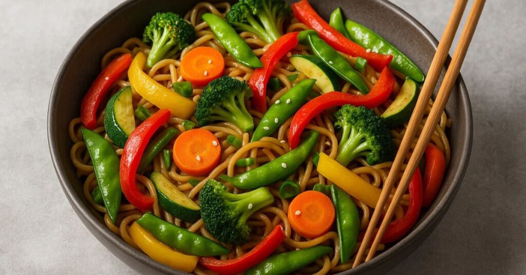 Wok filled with stir-fried vegetables and noodles coated in soy sauce