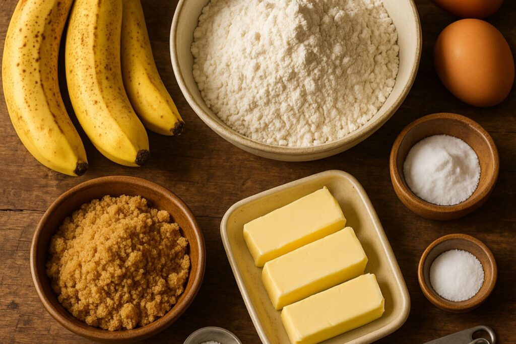 Banana bread ingredients displayed on a rustic kitchen table, including ripe bananas, eggs, flour, brown sugar, butter, baking soda, salt, and measuring spoons.