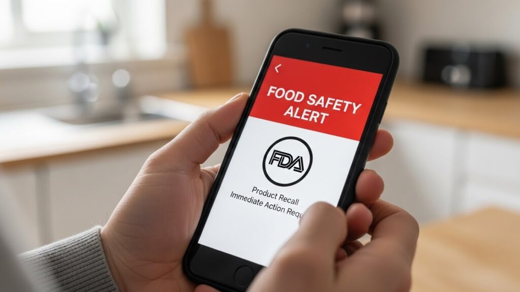 Person checking smartphone for FDA alerts to avoid buying shredded cheese recalled in the future.