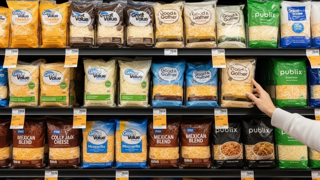 Grocery store shelves containing various brands of shredded cheese recalled including Great Value and Good & Gather.