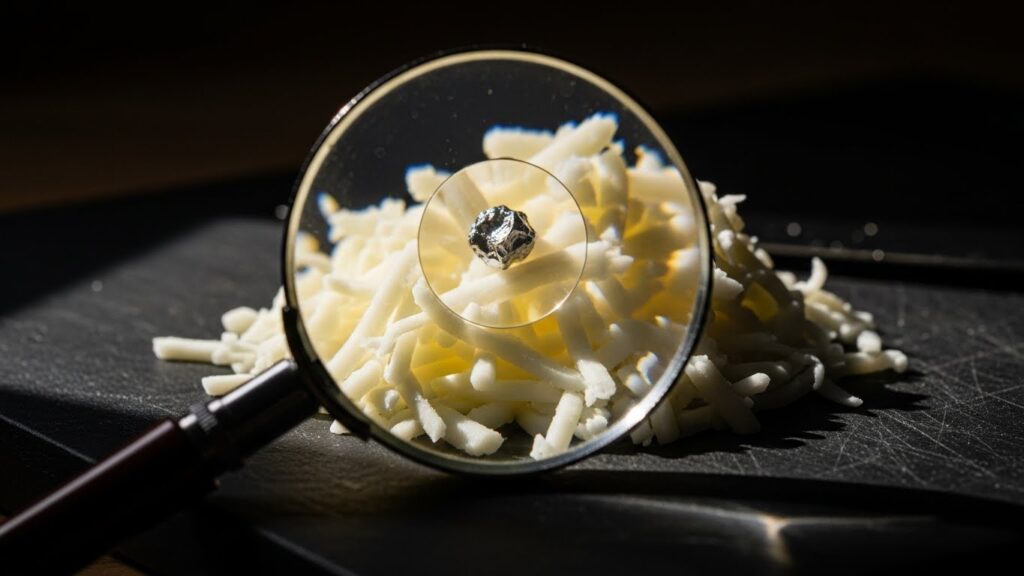 Close up inspection of shredded cheese recalled due to potential metal fragments and contamination.